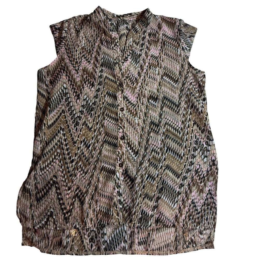 Womens Sleeveless Button Front Blouse Chevron Animal Snake Print Pink Brown Top